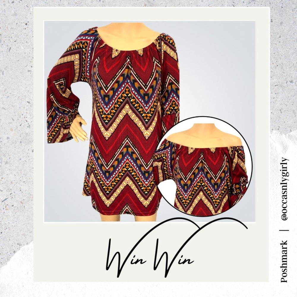 Win Win Boho Bell Sleeve Tunic Dress Chevron Aztec